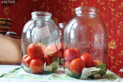 Image of tomatoes in jars prepared for preservation