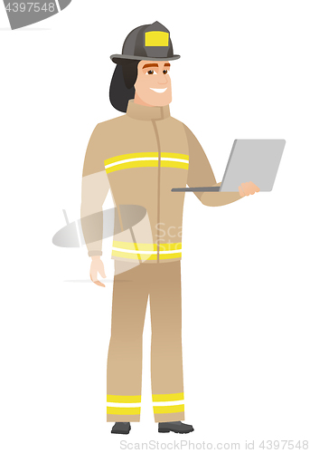 Image of Firefighter using laptop vector illustration.