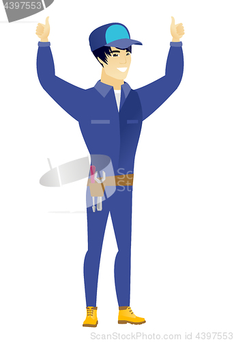 Image of Mechanic standing with raised arms up.