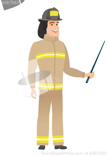 Image of Caucasian firefighter holding pointer stick.