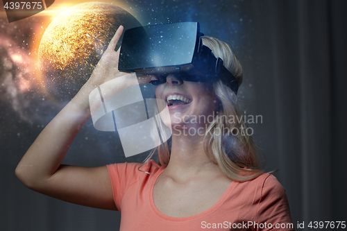 Image of woman in virtual reality headset or 3d glasses