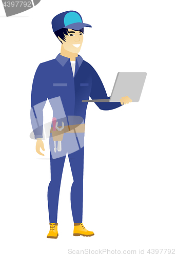 Image of Mechanic using laptop vector illustration.