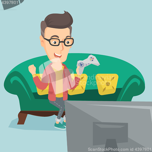 Image of Man playing video game vector illustration.