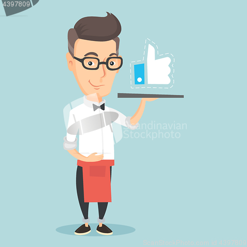 Image of Waiter with like button vector illustration.