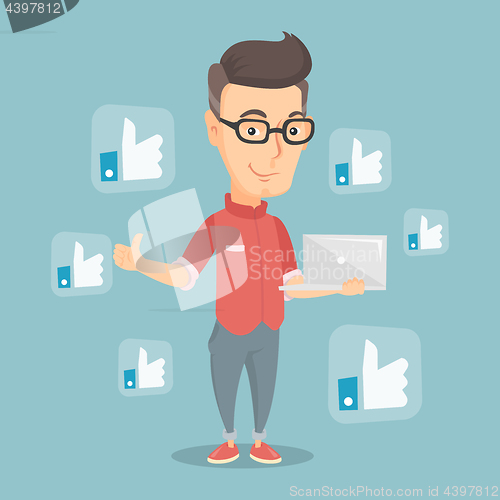 Image of Man with like social network buttons.