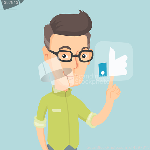 Image of Man pressing like button vector illustration.