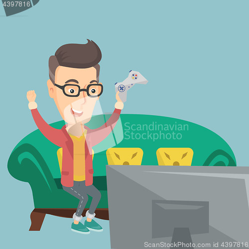 Image of Man playing video game vector illustration.