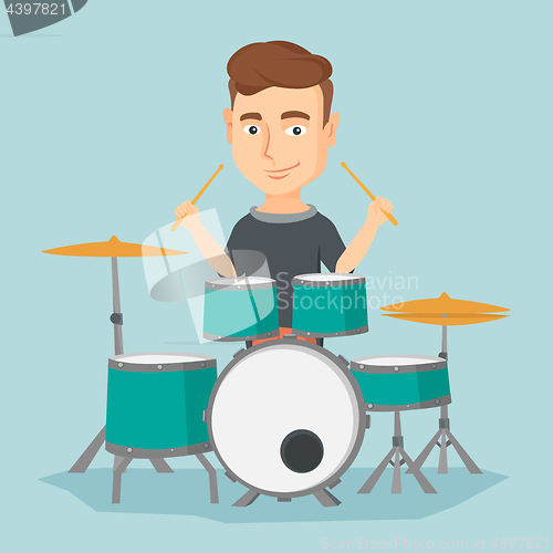 Image of Man playing on drum kit vector illustration.