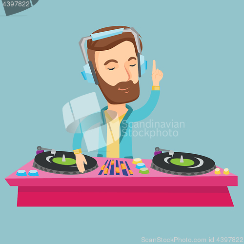 Image of DJ mixing music on turntables vector illustration.