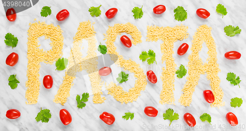 Image of word \"PASTA\", tomatoes and coriander on marble background