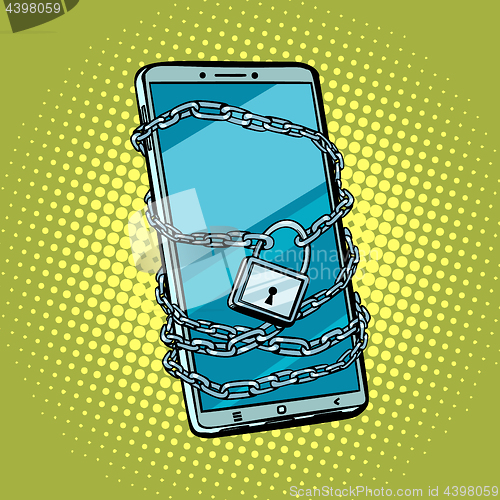 Image of smartphone chain lock. Locked gadget. Protected technologies