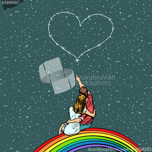 Image of couple in love looks at the heart and sits on a rainbow