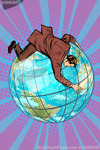 Image of businessman falls off the planet, holds onto it