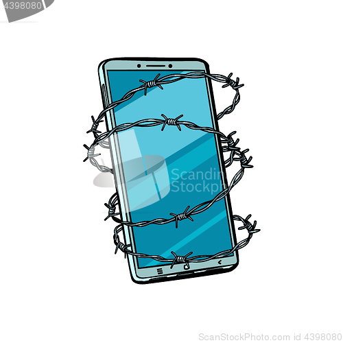 Image of Barbed wire and telephone. isolated on white background