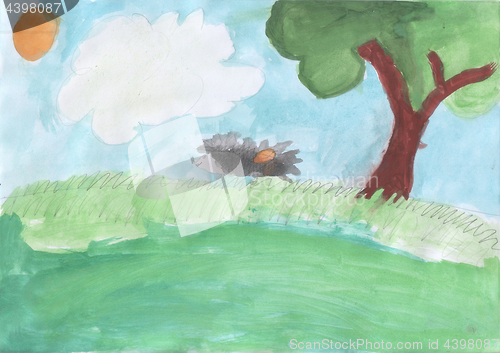 Image of Children\'s drawing - Hedgehog on the edge of the forest