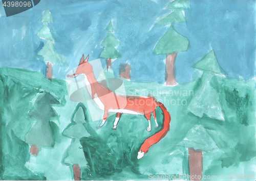 Image of Children\'s drawing - Fox in the forest