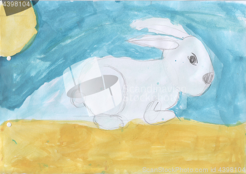 Image of Children\'s drawing - a bunny on a clearing