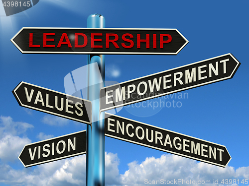 Image of Leadership Signpost Showing Vision Values Empowerment and Encour