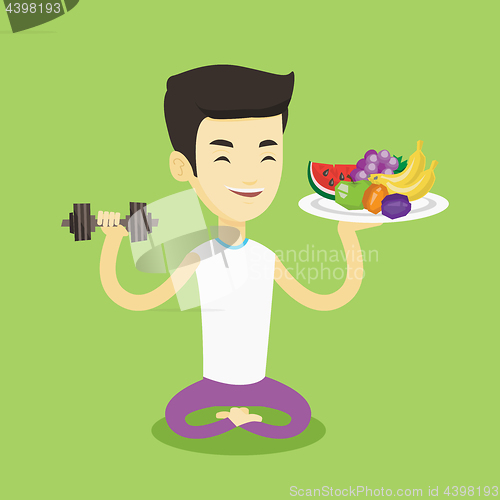 Image of Healthy man with fruits and dumbbell.