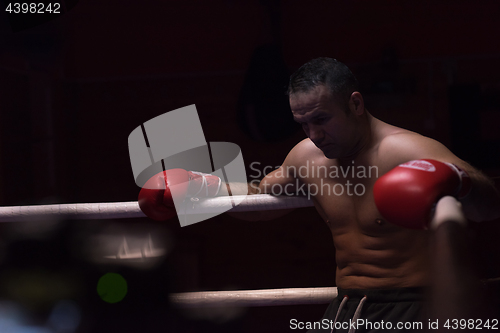 Image of kick boxer resting on the ropes in the corner