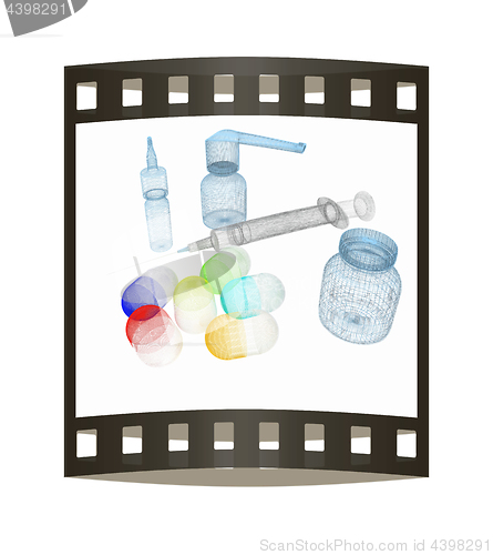 Image of Syringe, tablet, pill jar. 3D illustration. The film strip.