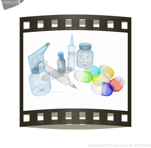 Image of Syringe, tablet, pill jar. 3D illustration. The film strip.