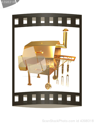 Image of Gold BBQ Grill. 3d illustration. The film strip.