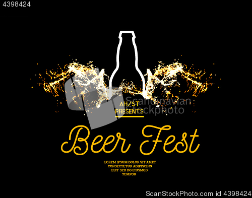 Image of Beer fest. Splash of beer with bubbles on a black background. Vector illustration with a silhouette of a bottle