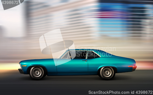 Image of blue retro car moving at night