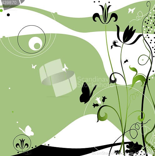 Image of abstract design with flying butterflies, flowers