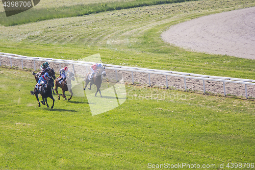 Image of Galloping race horses and jockeys in racing competition