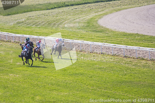 Image of Galloping race horses and jockeys in racing competition