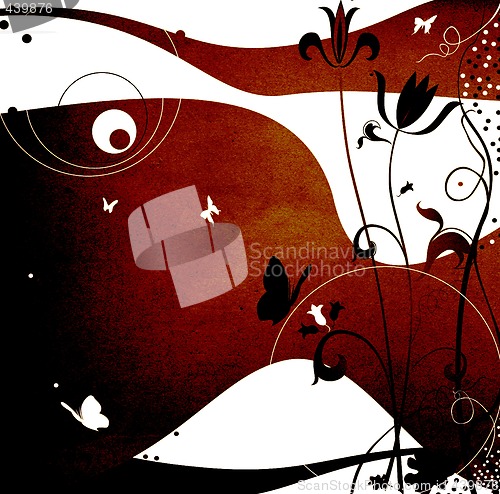 Image of abstract design with flying butterflies, flowers