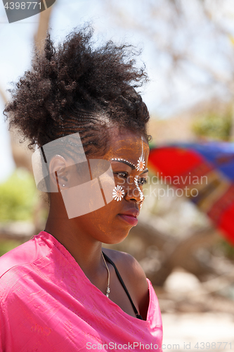 Image of Native Malagasy Sakalava ethnic girls, beauties with decorated face