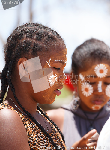 Image of Native Malagasy Sakalava ethnic girls, beauties with decorated face