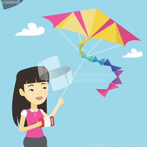Image of Young woman flying kite vector illustration.