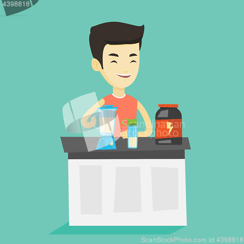 Image of Young man making protein cocktail.