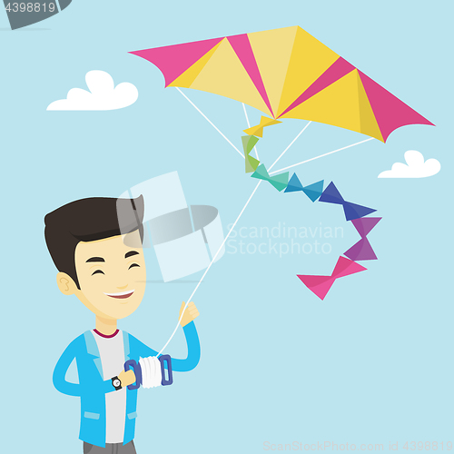Image of Young man flying kite vector illustration.