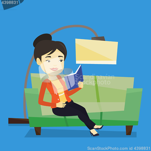 Image of Woman reading book on sofa vector illustration.