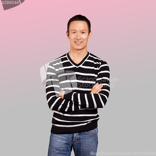 Image of Asian man in striped pullovert