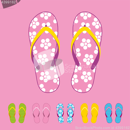 Image of Row of colorful beach flip flops over color background