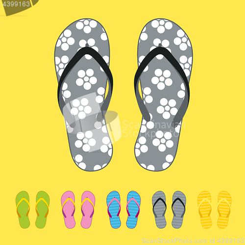 Image of Row of colorful beach flip flops over color background