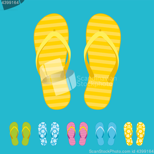 Image of Row of colorful beach flip flops over color background