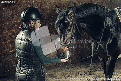 Image of Image of happy female standing near on purebred horse