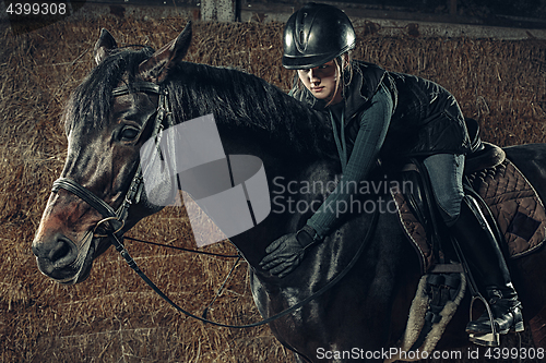 Image of Image of happy female sitting on purebred horse