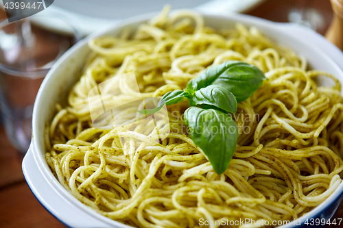 Image of close up of pasta with basil in bowl
