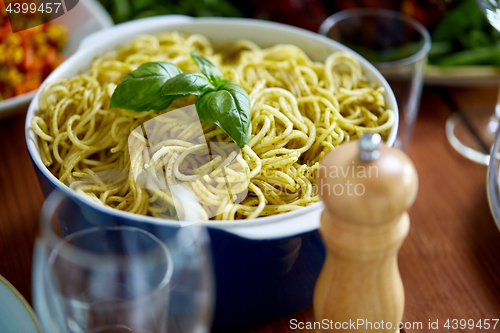 Image of pasta with basil in bowl and other food on table