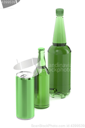 Image of Plastic and glass beer bottles and can