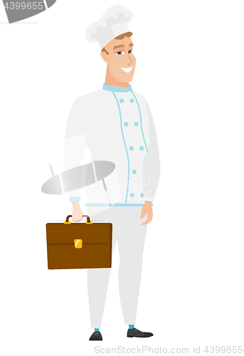 Image of Caucasian chef cook holding briefcase.