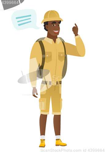 Image of Young african-american traveler with speech bubble